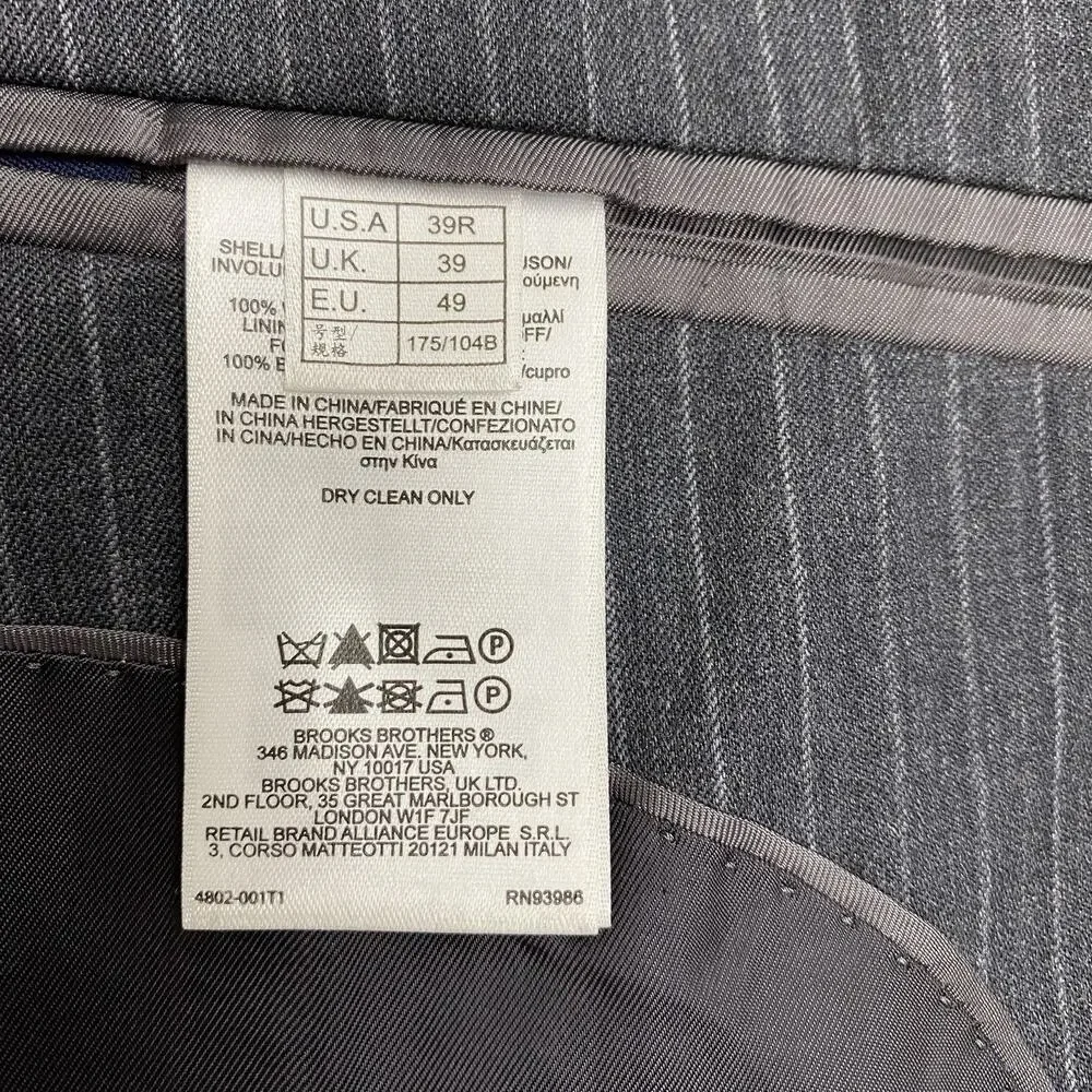 Brooks Brothers 346 Fitzgerald Fit Charcoal Gray Pinstripe Wool Suit 39R 34x30
